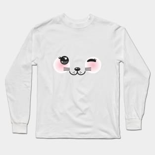 Kawaii funny cat muzzle with pink cheeks and winking eyes (2) Long Sleeve T-Shirt